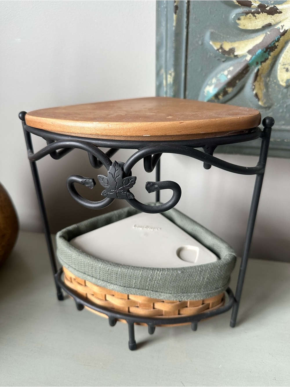 Vintage Longaberger wrought iron corner  stand table top with basket